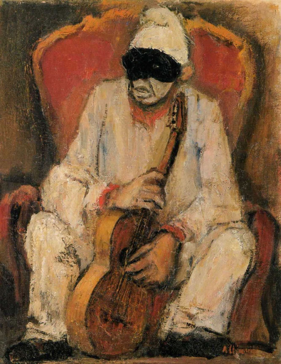 Pulcinella con chitarra, sd 1943, olio su tela, cm 50x40, esposta alla mostra “La Maschera e l’Artista”, Marina di Pietrasanta (Lucca), Villa La Versiliana, 2005